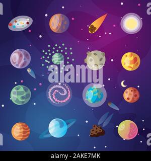 Cute Vector cartoon Sammlung von fantasy Planeten, Mond, Satelliten und fantastische Raum Objekte auf cosmos Hintergrund mit Sternenhimmel. Farbige fantasy Stock Vektor