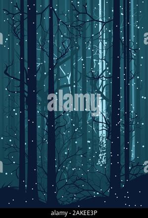 Fallenden Schnee in dunklen Winter Wald mit Bäumen Silhouetten. Stock Vektor