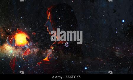 Nikolaus Kopernikus Thema des heliozentrischen System der Welt, der wissenschaftlichen Revolution. Geschichte der wissenschaftlichen Fortschritte. Ein junger Mann in der imag Stockfoto