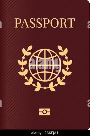 Reisepass mit Weltkarte Globus auf Braun. Biometrische Staatsbürgerschaft Dokument zur Identifizierung für Reisen Vorlage. Vector Illustration Stock Vektor