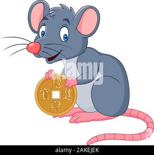 Lustige cartoon Ratte als Symbol des neuen Jahres 2020 Holding Gold Medaille. Chinesische Übersetzung: Happy Chinese New Year Stock Vektor