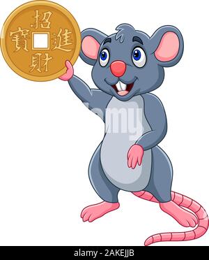 Lustige cartoon Ratte als Symbol des neuen Jahres 2020 Holding Gold Medaille. Chinesische Übersetzung: Happy Chinese New Year Stock Vektor