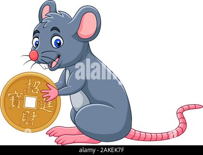Lustige cartoon Ratte als Symbol des neuen Jahres 2020 Holding Gold Medaille. Chinesische Übersetzung: Happy Chinese New Year Stock Vektor