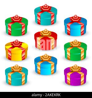 Der runde bunte Geschenkboxen mit satin Bänder und Bögen; Eps8 Stock Vektor