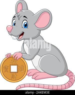 Lustige cartoon Ratte als Symbol des neuen Jahres 2020 Holding Gold Medaille. Chinesische Übersetzung: Happy Chinese New Year Stock Vektor