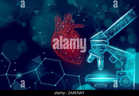 Herz Wissenschaft Mikroskop 3d Medizin Low-poly-Konzept. Rotes Dreieck Apotheke Apotheke Hintergrund. Der modernen medikamentösen Behandlung recovery meds Vektor Stock Vektor