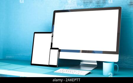 Geräte reagieren auf Blau Studio 3D Rendering mockup Stockfoto
