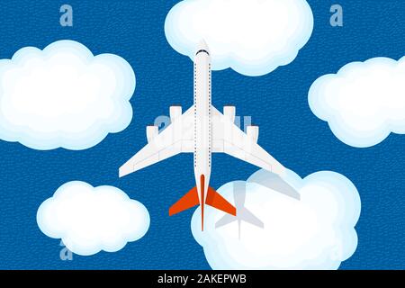 Große Jet PKW Flugzeug fliegt über Himmel Wolken und Meer mit Wellen. Zivile Luftfahrt Fliegen Flugzeug Ansicht von oben. Flache Vector Illustration Stock Vektor