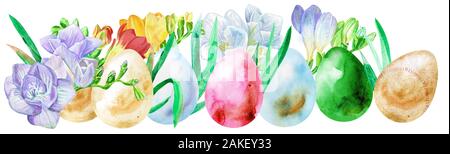 Aquarell Ostern bunte Eier mit Freesie und Gras. Stockfoto