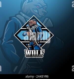 Wolf gunner esport Maskottchen logo Stock Vektor