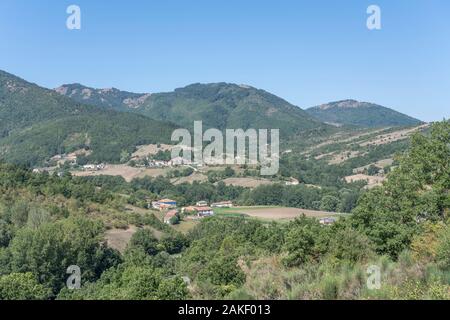 Die hügelige Landschaft des südlichen Apenninen mit Bauernhöfen zwischen Wäldern und Feldern, in hellen Sommer Licht in der Nähe von moliterno, Agri Tal, Matera, Basilikata, Stockfoto