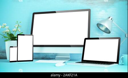 Blau responsive Desktop mock up mit Geräten, 3D-Rendering Stockfoto