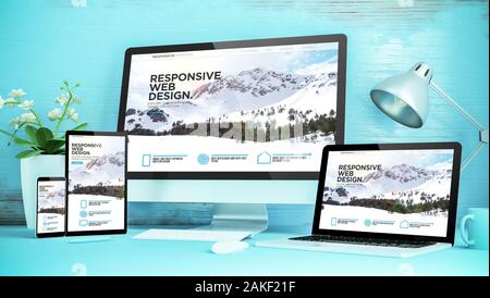 Blau responsive Desktop mit Geräten mit reaktionsschnellen Website 3D-Rendering Stockfoto