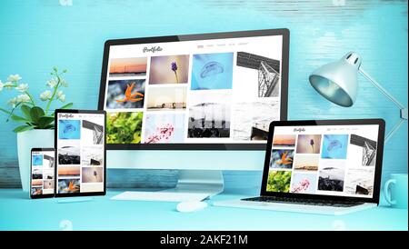Blau responsive Desktop mit Geräten mit reaktionsschnellen Portfolio Website 3D-Rendering Stockfoto