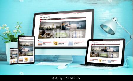Blau responsive Desktop mit Geräten mit reaktionsschnellen Zeitschrift Web site 3D-Rendering Stockfoto