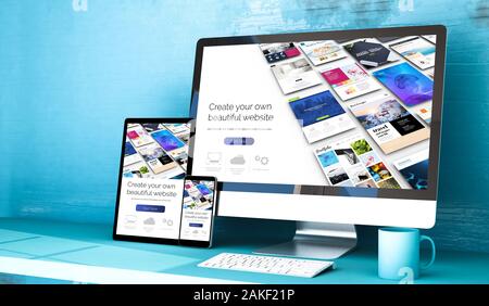 Reaktionsschnelle Geräte zeigen Builder Website Home auf Blau Studio 3D Rendering mockup Stockfoto