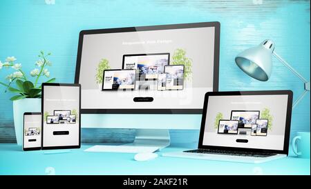 Blau responsive Desktop mit Geräten mit reaktionsschnellen Website 3D-Rendering Stockfoto