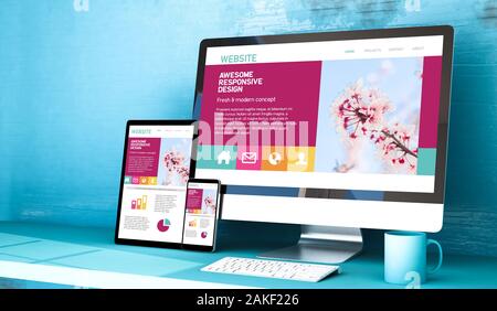 Reaktionsschnelle Geräte Übersicht website Home auf Blau Studio 3D Rendering mockup Stockfoto