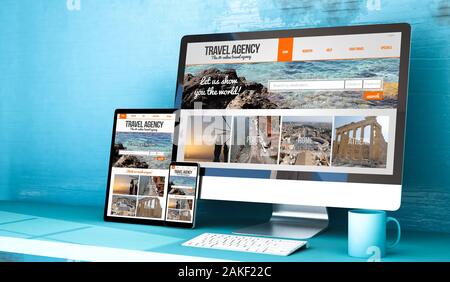 Reaktionsschnelle Geräte Übersicht Reisen website Home auf Blau Studio 3D-Rendering Stockfoto