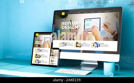 Reaktionsschnelle Geräte zeigen ux Design Website Home auf Blau Studio 3D Rendering mockup Stockfoto