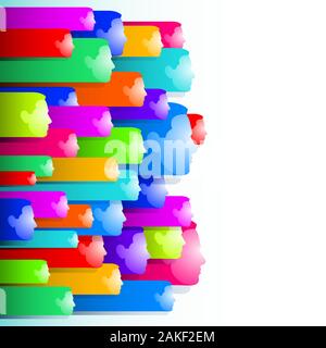 Flying Silhouetten der Staats viele Menschen zu beobachten und bewegt sich in einer Richtung auf das gleiche Ziel; zeigenden Pfeilen der männliche Gesichter Stock Vektor