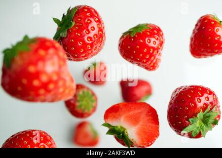 Erdbeere auf weißem Hintergrund, Ansicht von oben. Beeren Muster. Fallende Erdbeeren auf Weiß. Kreative essen Konzept Stockfoto