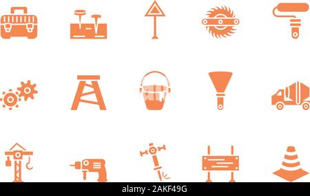 Tools Symbol Set Design, im Bau Architektur Reparatur Fortschritte Warnung Industrie und Thema Vector Illustration bauen Stock Vektor