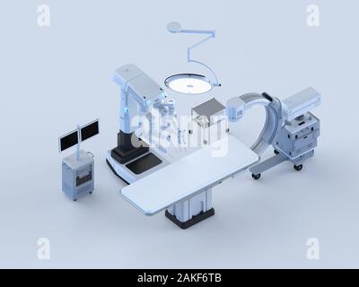 3D-rendering Krankenhaus Chirurgie Zimmer mit C-Arm Maschine und Chirurgie Roboter isometrische Stockfoto