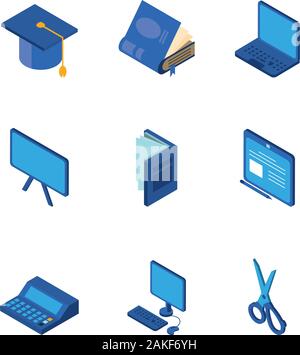 Schule Icon Set Design, Eduaction Klasse Lektion wissen Vorschüler studieren lernen Unterricht und primäre Thema Vector Illustration Stock Vektor