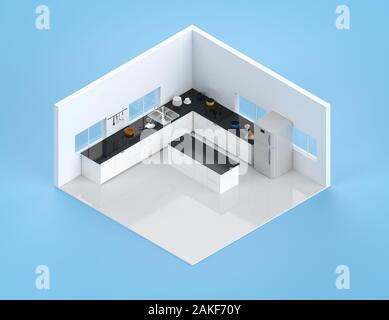 3D-rendering Küche Innenraum mit Zähler und Kühlschrank isometrische Stockfoto