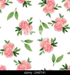 Nahtlose Muster mit rosa Blumen auf weißem, Aquarell botanischer Illustration mit Rosen isoliert, eleganten floralen Design Dekoration Stockfoto