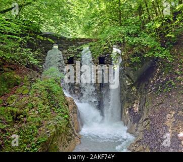 Wolfsklamm Wasserfall umgeben von Bäumen in Österreich. Stockfoto