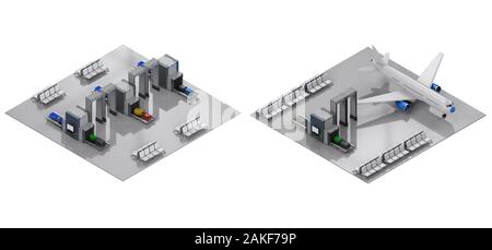 3D-Rendering airport terminal Innenraum mit Sitzen und Sicherheit Tore isometrische Stockfoto