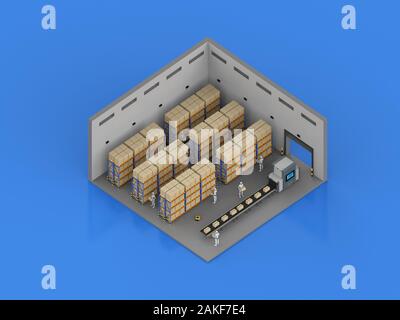 3D-rendering Automation cyborgs Arbeiten im Lager isometrische Stockfoto