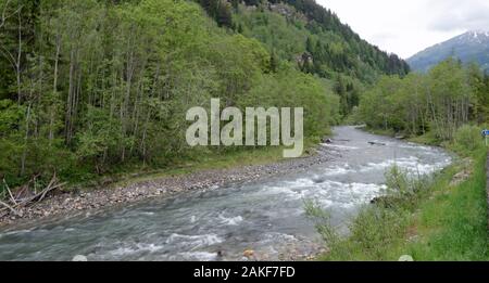 Wilder Fluss durch den Wald in Tirol Österreich Europa läuft. Stockfoto