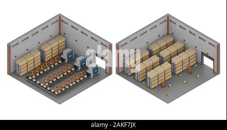 3D-rendering Automation cyborgs Arbeiten im Lager isometrische Stockfoto