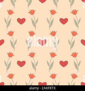 Nahtlose Muster mit Herzen und Blumen Tulpen. Spring floral background. Vector Illustration EPS 10. Stock Vektor