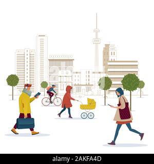 Die Menschen gehen entlang der Straße der Herbststadt Stock Vektor