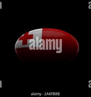 Tonga Flagge rugby ball auf schwarzem Hintergrund. 3D-Rendering Stockfoto