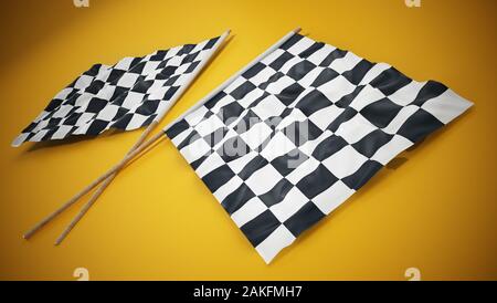 Checkered Race Flags auf gelben Hintergrund. 3D-Darstellung. Stockfoto