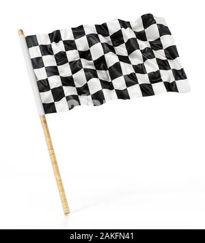 Checkered race Flag auf weißem Hintergrund. 3D-Darstellung. Stockfoto