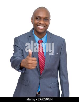 Afrikanische Lachen amerikanischen Geschäftsmann, mit dem Daumen oben auf weißem Hintergrund für Ausschneiden Stockfoto