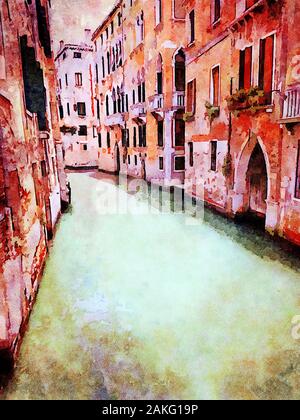 Aquarell, das einen Einblick in die kleinen Kanäle zwischen den historischen Gebäuden im Zentrum von Venedig Stockfoto