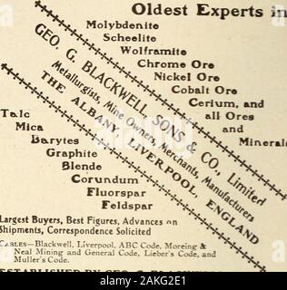 Canadian mining journal Juli-Dezember 1915. JOTOKAl * 20 DER KANADISCHEN GEWINNENJOURNAL Käufern und Verkäufern von Metallen der konsolidierten Miningand Hütte von Kanada, begrenzte Büros, Schmelzen und Affinieren Abteilung TRAIL, BRITISH COLUMBIA, Hüttenwerke und Raffinerien Käufer von allen Klassen von Erzen. Hersteller von Gold und Silber, BaseBullion, Kupfer Matt, Schwein führen, Leitung Leitung, Blaustein andElectrolytic BearingMetal. Deloro Bergbau und ReductionCo., begrenzte Hüttenwerke und Raffinerien KÄUFER VON SILBER - Kobalt ERZE Hersteller von Weißen Arsen und Kobalt OxideSmelleder und Raffinerie am Deloro, Ontario Stockfoto