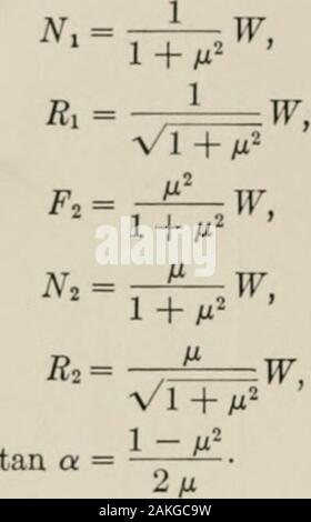 Analytische Mechanik für Studierende der Physik und Ingenieurwissenschaften. - A = 0, sy-Xt + FZ-w=o, 2 G0=F2l cos a+Nil&gt; in einem cos a=0. lere a ist der gewünschte Winkel. Wir haben weitere-ft F, A. 44 ANALYTISCHE MECHANIK diese Lösung erhalten wir Fx=r-£ - t w, 1+M. Stockfoto