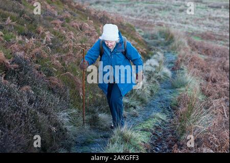 Ältere Paar in den 80ern Wandern auf Hawnby Hill, North Yorkshire. Stockfoto