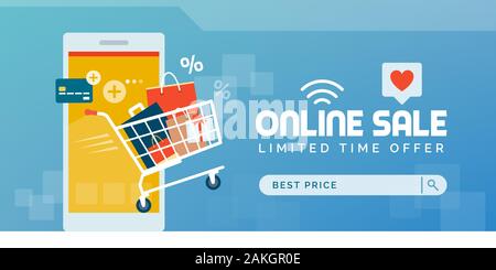 Online shopping pormotional Verkauf: Warenkorb voller Taschen und Geschenkboxen aus einem Smartphone Stock Vektor