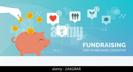 Fundraising Werbemittel Werbung mit Hand eine Münze in ein Sparschwein, Unterstützung von Ursache und Nächstenliebe Konzept Stock Vektor