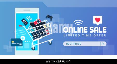 Elektronik Werbemittel online Verkauf Banner mit voller Warenkorb, Smartphone und Kreditkarte Stock Vektor