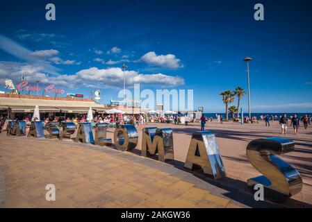Spanien, Kanarische Inseln, Gran Canaria, Playa del Ingles, Beach Plaza, Playa del Ingles Strand in Maspalomas Stockfoto
